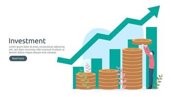 concepto de inversión empresarial. Moneda de pila de dólares, gente pequeña, objeto de dinero. aumento de gráfico gráfico. crecimiento financiero que conduce al éxito. Ilustración de vector de plantilla de página de destino de diseño plano moderno