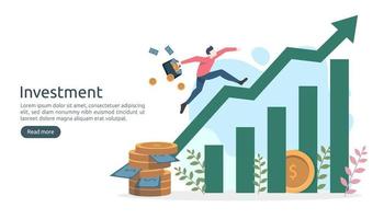 Business investment concept. dollar pile coin, tiny people, money object. graphic chart increase. Financial growth rising up to success. modern flat design landing page template vector illustration