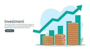 concepto de inversión empresarial. Moneda de pila de dólares, gente pequeña, objeto de dinero. aumento de gráfico gráfico. crecimiento financiero que conduce al éxito. Ilustración de vector de plantilla de página de destino de diseño plano moderno