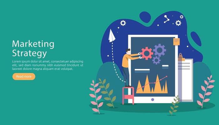 digital marketing strategy concept with tiny people character, table, graphic object on computer screen. online social media marketing modern flat design for landing page and mobile website template
