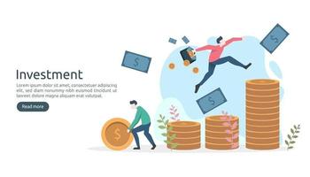 Business investment concept. dollar pile coin, tiny people, money object. graphic chart increase. Financial growth rising up to success. modern flat design landing page template vector illustration