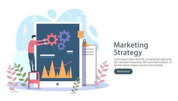 digital marketing strategy concept with tiny people character, table, graphic object on computer screen. online social media marketing modern flat design for landing page and mobile website template