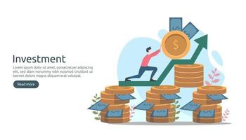 Business investment concept. dollar pile coin, tiny people, money object. graphic chart increase. Financial growth rising up to success. modern flat design landing page template vector illustration