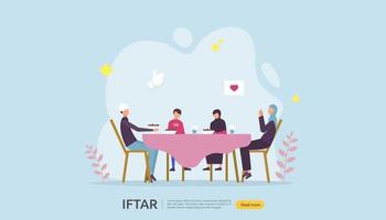 Iftar Eating After Fasting feast party concept. Moslem family dinner on Ramadan Kareem or celebrating Eid with people character. web landing page template, banner, presentation, social or print media vector