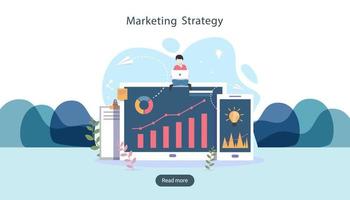 digital marketing strategy concept with tiny people character, table, graphic object on computer screen. online social media marketing modern flat design for landing page and mobile website template vector