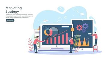 Concepto de estrategia de marketing digital con carácter de gente pequeña, mesa, objeto gráfico en la pantalla de la computadora. Diseño plano moderno de marketing en redes sociales en línea para página de destino y plantilla de sitio web móvil vector