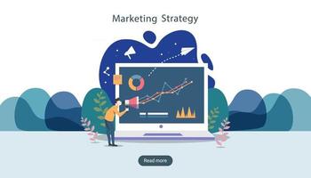 digital marketing strategy concept with tiny people character, table, graphic object on computer screen. online social media marketing modern flat design for landing page and mobile website template vector