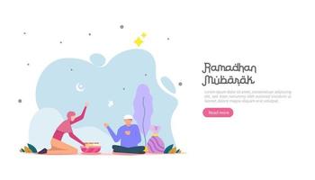 Feliz concepto de saludo de Ramadán Mubarak con carácter de personas para plantilla de página de destino web, banner, presentación, redes sociales y medios impresos. Ilustración de vector de diseño plano islámico eid fitr o adha.