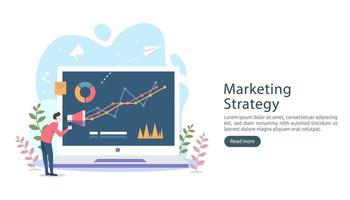 digital marketing strategy concept with tiny people character, table, graphic object on computer screen. online social media marketing modern flat design for landing page and mobile website template vector