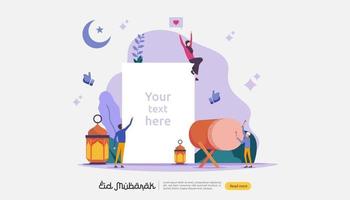 concepto de ilustración de diseño islámico para feliz saludo de eid mubarak o ramadán con carácter de personas. plantilla para página de destino web, banner, presentación, redes sociales, carteles, anuncios, promociones o medios impresos. vector