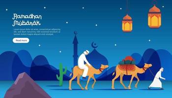 Feliz concepto de saludo de Ramadán Mubarak con carácter de personas para plantilla de página de destino web, banner, presentación, redes sociales y medios impresos. Ilustración de vector de diseño plano islámico eid fitr o adha.