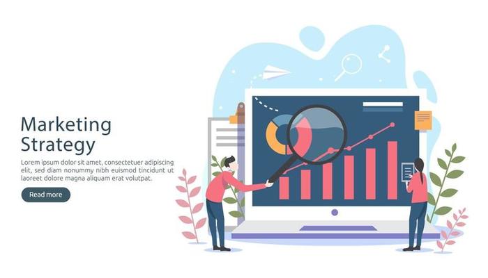 digital marketing strategy concept with tiny people character, table, graphic object on computer screen. online social media marketing modern flat design for landing page and mobile website template