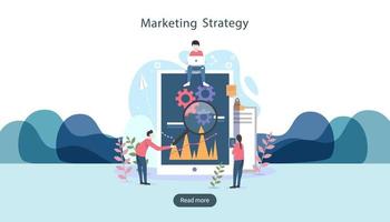 digital marketing strategy concept with tiny people character, table, graphic object on computer screen. online social media marketing modern flat design for landing page and mobile website template vector