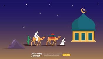 Feliz concepto de saludo de Ramadán Mubarak con carácter de personas para plantilla de página de destino web, banner, presentación, redes sociales y medios impresos. Ilustración de vector de diseño plano islámico eid fitr o adha.