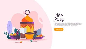 Iftar Eating After Fasting feast party concept. Moslem family dinner on Ramadan Kareem or celebrating Eid with people character. web landing page template, banner, presentation, social or print media vector