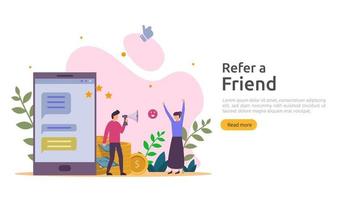 refer a friend strategy and affiliate marketing concept . people character sharing referral business partnership and earn money. template for web landing page, banner, poster, print media vector