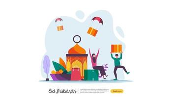 islamic design illustration concept for Happy eid mubarak or ramadan greeting with people character. template for web landing page, banner, presentation, social, poster, ad, promotion or print media. vector