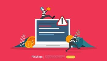 concepto de seguridad de Internet con carácter de gente pequeña. ataque de phishing de contraseña. robar datos personales. Plantilla de página de destino web, banner, presentación, redes sociales y medios impresos. ilustración vectorial vector