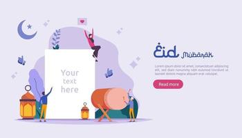 concepto de ilustración de diseño islámico para feliz saludo de eid mubarak o ramadán con carácter de personas. plantilla para página de destino web, banner, presentación, redes sociales, carteles, anuncios, promociones o medios impresos. vector