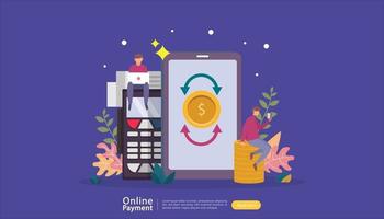 mobile payment or money transfer concept for E-commerce market shopping online illustration with tiny people character. template for web landing page, banner, presentation, social media, print media vector