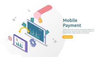 mobile payment or money transfer concept for E-commerce market shopping online illustration with tiny people character. template for web landing page, banner, presentation, social media, print media vector