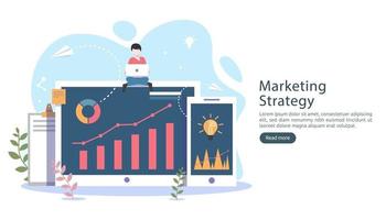 digital marketing strategy concept with tiny people character, table, graphic object on computer screen. online social media marketing modern flat design for landing page and mobile website template vector