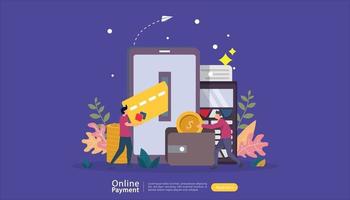 mobile payment or money transfer concept for E-commerce market shopping online illustration with tiny people character. template for web landing page, banner, presentation, social media, print media vector