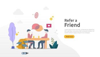 refer a friend strategy and affiliate marketing concept . people character sharing referral business partnership and earn money. template for web landing page, banner, poster, print media vector