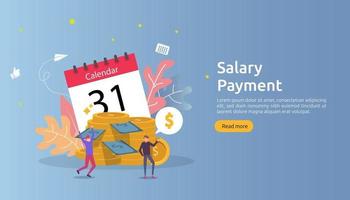 Payroll income concept. salary payment annual bonus. payout with paper, calculator, and people character. web landing page template, banner, presentation, social, and print media. Vector illustration