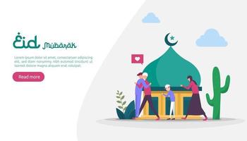 concepto de ilustración de diseño islámico para feliz saludo de eid mubarak o ramadán con carácter de personas. plantilla para página de destino web, banner, presentación, redes sociales, carteles, anuncios, promociones o medios impresos. vector