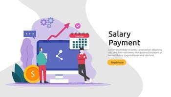 Payroll income concept. salary payment annual bonus. payout with paper, calculator, and people character. web landing page template, banner, presentation, social, and print media. Vector illustration