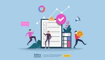 Payroll income concept. salary payment annual bonus. payout with paper, calculator, and people character. web landing page template, banner, presentation, social, and print media. Vector illustration