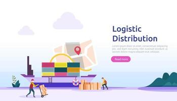 concepto de ilustración de servicio de distribución logística global. Entrega en todo el mundo, importación, exportación, envío, banner con carácter de personas para página de destino web, presentación, redes sociales, póster o medios impresos vector