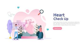 Heart health, disease, cardiology concept with character. hypertension symptoms cholesterol blood pressure measurement. Medical examination doctor checkup services for healthcare and transplantation vector