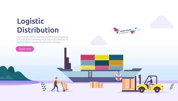 global logistic distribution service illustration concept. delivery worldwide import export shipping banner with people character for web landing page, presentation, social, poster or print media vector