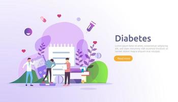 Diabetes mellitus monitoring concept. sugar level blood measures with glucose testing meter. insulin injection treatment and diet control therapy. illustration template for web landing page vector