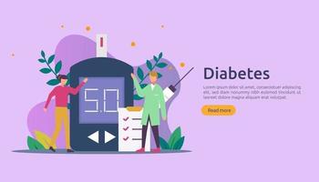 Diabetes mellitus monitoring concept. sugar level blood measures with glucose testing meter. insulin injection treatment and diet control therapy. illustration template for web landing page vector