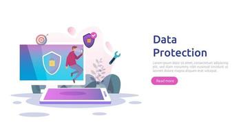 Safety and confidential data protection. VPN internet network security. Traffic encryption personal privacy concept with people character. web landing page, banner, presentation, social or print media vector