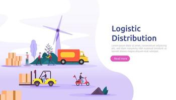 concepto de ilustración de servicio de distribución logística global. Entrega en todo el mundo, importación, exportación, envío, banner con carácter de personas para página de destino web, presentación, redes sociales, póster o medios impresos vector