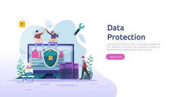 Safety and confidential data protection. VPN internet network security. Traffic encryption personal privacy concept with people character. web landing page, banner, presentation, social or print media vector