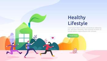 active healthy lifestyle habits concept. Dieting food nutrition illustration with character. sport exercising and training outdoor workout for web page, presentation, social promotion or print media vector