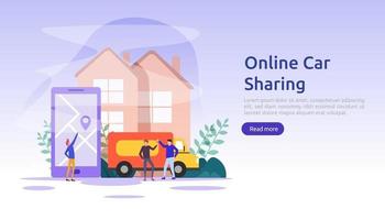 concepto de alquiler o uso compartido de automóviles en línea. transporte urbano móvil con teléfono inteligente de navegación, mapa en línea, gps y carácter de personas para plantilla de página de destino web, banner, presentación, anuncio o medios impresos vector
