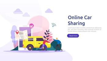 Online car sharing or rental concept. mobile city transportation with navigation smartphone, online map, GPS and people character for web landing page template, banner, presentation, ad or print media vector