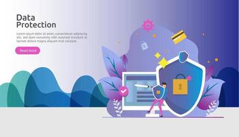 Safety and confidential data protection. VPN internet network security. Traffic encryption personal privacy concept with people character. web landing page, banner, presentation, social or print media vector