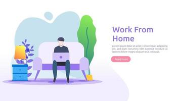 Work at home, coworking space concept design. Freelance sitting at desk, working on laptop at house with people character for web landing page, banner, presentation, social, poster, ad or print media vector