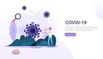 people fight covid-19 corona virus illustration concept. research concept for coronavirus 2019-nCoV vaccine. web landing page template, banner, presentation, social, poster, ad, or print media