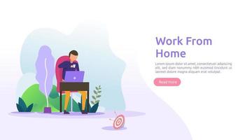 trabajar en casa, diseño de concepto de espacio de coworking. Freelance sentado en el escritorio, trabajando en una computadora portátil en casa con carácter de personas para la página de destino web, banner, presentación, social, póster, anuncio o medios impresos vector