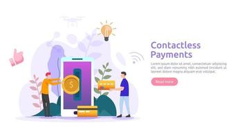 pago móvil o concepto de transferencia de dinero. Pagos sin contacto, inalámbricos o sin efectivo con tecnología nfc para teléfonos inteligentes. plantilla para página de destino web, banner, presentación, redes sociales, medios impresos vector