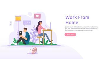Work at home, coworking space concept design. Freelance sitting at desk, working on laptop at house with people character for web landing page, banner, presentation, social, poster, ad or print media