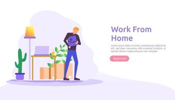 Work at home, coworking space concept design. Freelance sitting at desk, working on laptop at house with people character for web landing page, banner, presentation, social, poster, ad or print media vector